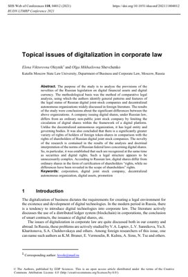 PDF Document Cover - Digitalization in Corporate Law: Russian Digital JSCs vs. DAOs